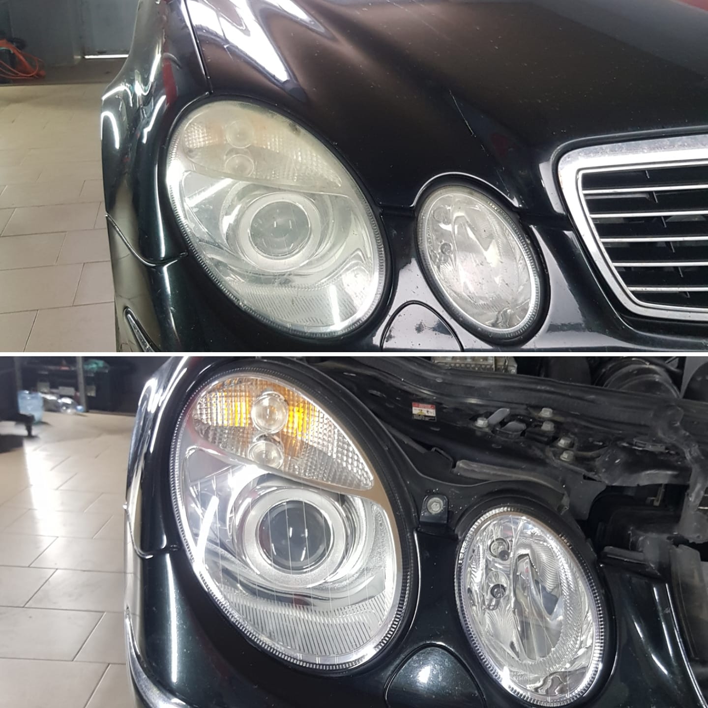 Obraz przed i po polerowaniu lampy Mercedes-Benz