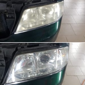 Obraz przed i po polerowaniu lampy Audi