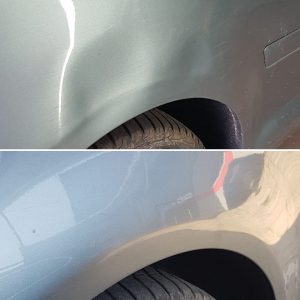 Karoseria przed i po wyciąganiu wgnieceń.